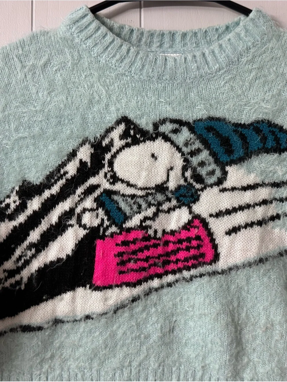 Justice Light Blue Fuzzy Cropped Sweater with Pink & Blue Graphic